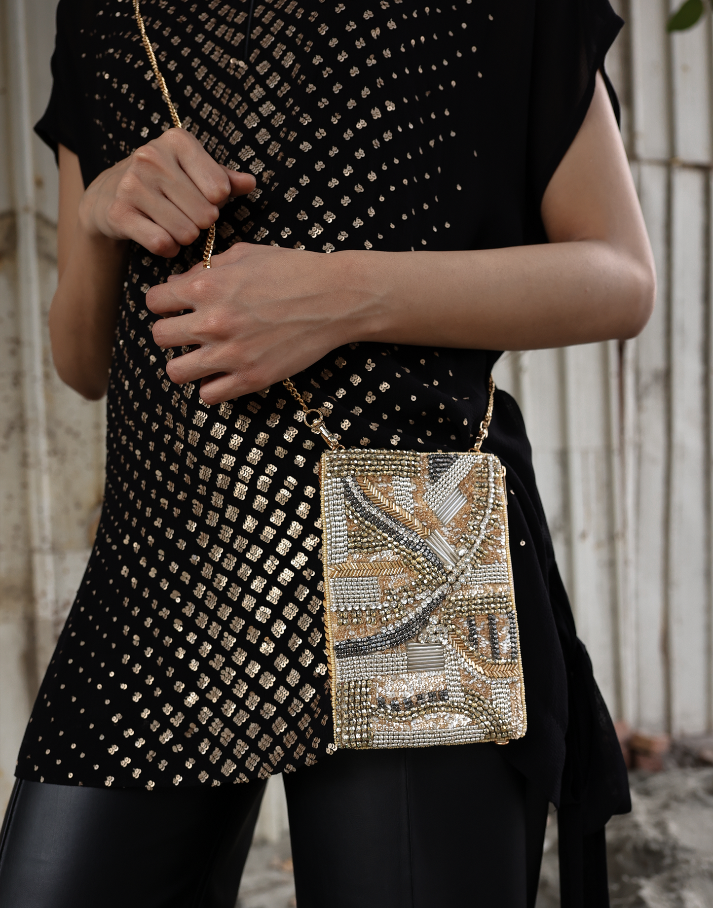 Golden Rhapsody Beaded cross body bag